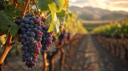 Ripe purple wine grapes hanging on vineyard vines
