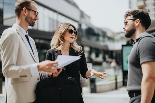 Three professionals exchanging ideas and documents during a business meeting in an outdoor city setting. - Powered by Adobe