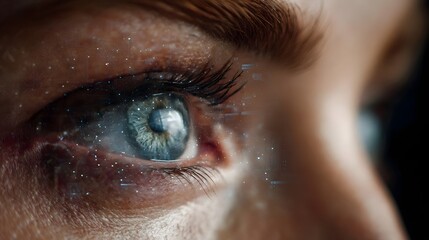Close up of a human eye with a futuristic digital interface overlay and glowing particles symbolizing vision and data