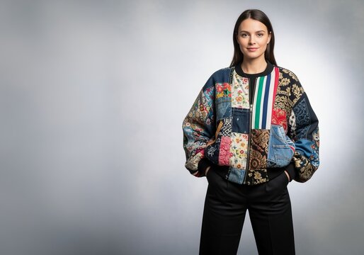 European woman in patchwork jacket standing with hands in pockets
