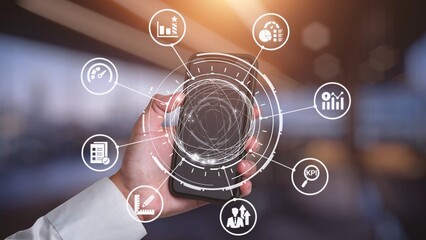 KPI icons show performance metrics, goals, and achievement measurement. KPI helps business track progress, KPI supports management, and KPI improves strategy results. Gist