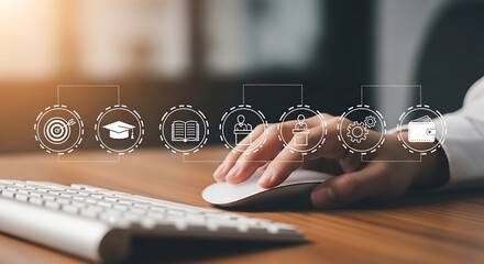 Person's hand operating a computer mouse with a series of digital icons illustrating educational and financial progress