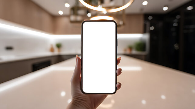 Hand holding smartphone with blank screen in modern kitchen interior
