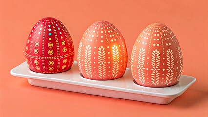 Decorated easter eggs with traditional patterns on ceramic tray against orange background 
