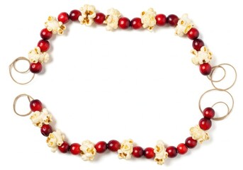 Obraz premium A festive christmas garland made of popcorn and red berries, arranged in an oval shape on a white background