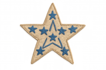 Embroidered tan star emblem featuring blue stars and lines, symbolizing military honor, achievement, and valor