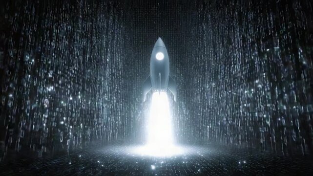 Futuristic toy rocket launching and flying through a dark digital tunnel made of glowing binary code, representing technological progress, innovation, business startup, and the digital age