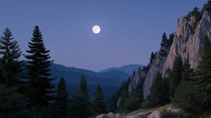 Serene Moonlit Night Over Mountain Pass with Pine Trees and Cliffside View