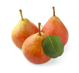 Fresh ripe pears with green leaf isolated on white