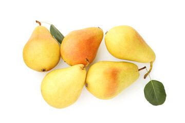 Ripe yellow pears with green leaves isolated on white, top view