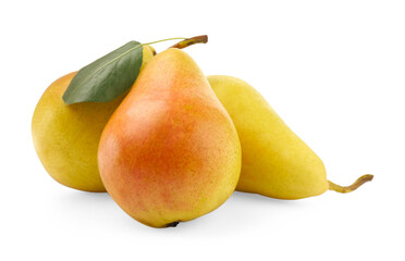 Fresh ripe pears with green leaf isolated on white