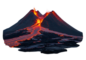 A dramatic volcanic eruption, showcasing molten lava flowing down the slopes of a majestic mountain range against a stark black background.