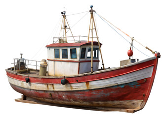 Weathered red and white fishing trawler with masts and rigging fishing boat vessel isolated on a transparent background