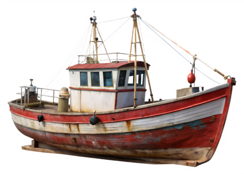 Weathered red and white fishing trawler with masts and rigging fishing boat vessel isolated on a transparent background