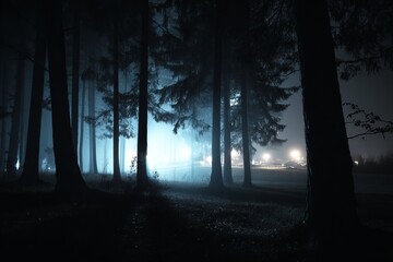 Fototapeta premium a dark forest at night, with trees casting eerie shadows and fog rolling in from the horizon. 