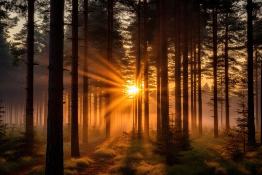 Golden sunbeams pierce dense pine forest mist sunrise trees - Powered by Adobe
