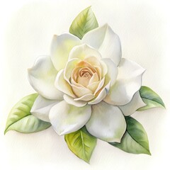 single gardenia bloom creamy white water colour lay ,white background 