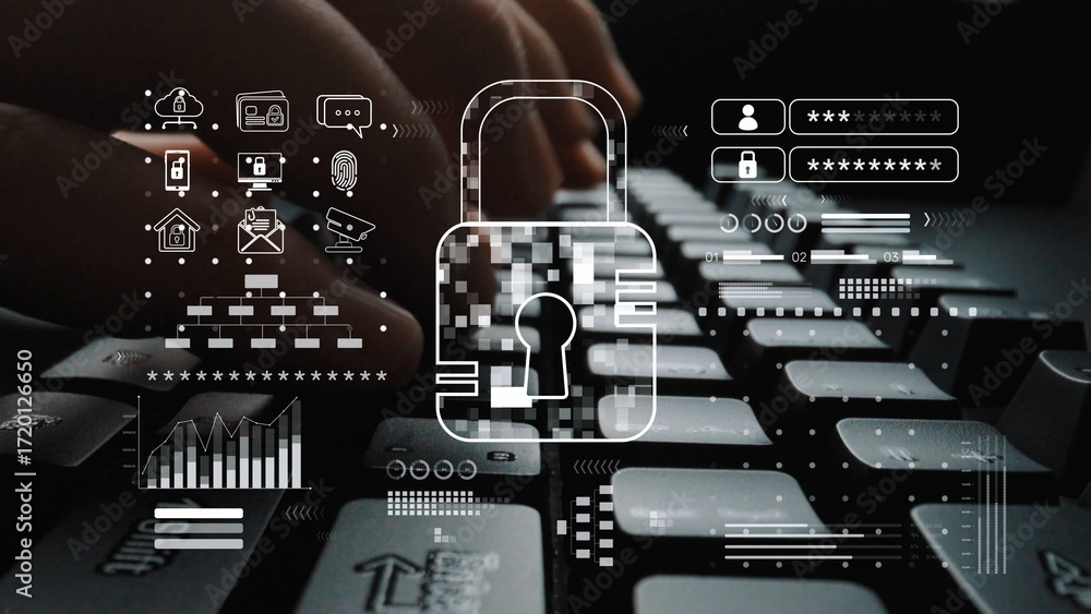 Poster cyber security system protecting digital infrastructure. cyber security ensures data safety, prevent