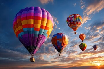 Fototapeta premium Colorful hot air balloons soar at sunset