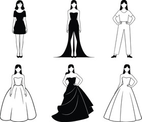 Fashion silhouette vector set, elegant ball gowns and modern outfits, black and white minimal style for design, wedding, editorial, b