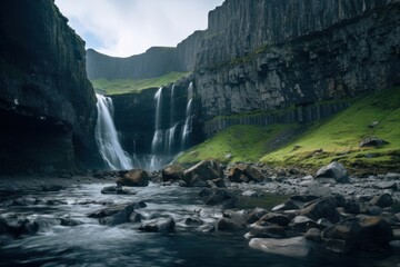 Majestic waterfall flowing over dark cliffs with green mossy slopes cascade rocks