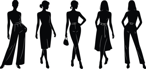 Fashionable women silhouettes, stylish outfit poses, trendy clothing illustration, modern female figure design, fashion vector art, chic apparel concept, black contour fashion icons