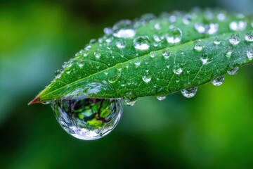Closeup Green Leaf Covered Dewdrops Reflecting Greenery