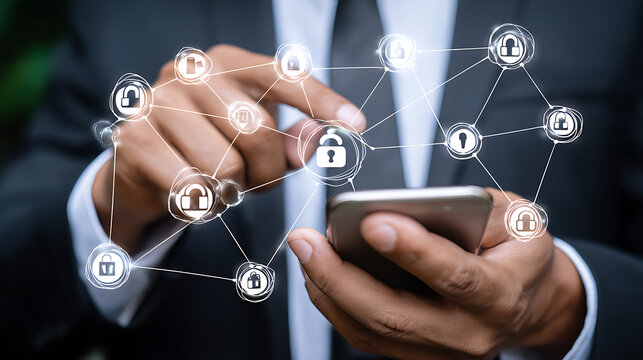 Person using smartphone with digital network of security locks overlaying the screen