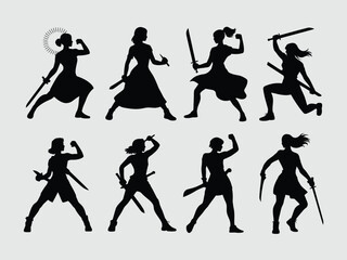 Collection of eight dynamic female warrior silhouettes in various action poses wielding swords and daggers showcasing strength and combat readiness silhouette