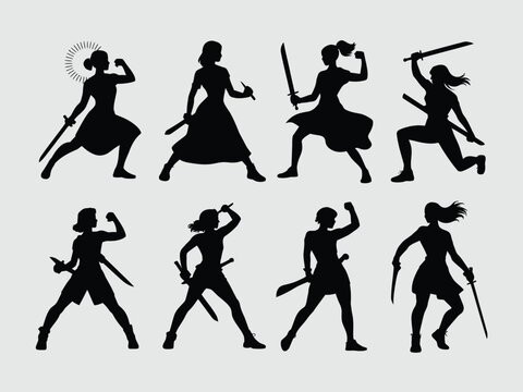 Collection of eight dynamic female warrior silhouettes in various action poses wielding swords and daggers showcasing strength and combat readiness silhouette