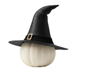 White pumpkin wearing a tall black witch hat png isolated on transparent background