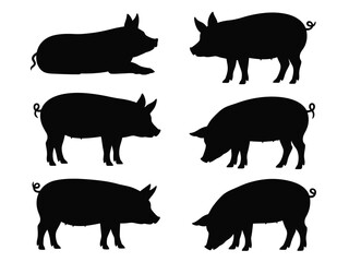 Collection of six diverse pig silhouettes in various poses demonstrating different activities and stances silhouette