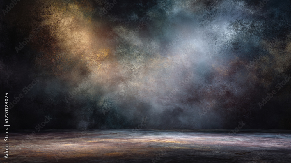 Poster a dramatic scene with a smoky background and a textured surface in a studio setup