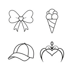 Outlined bow ice cream cap and tiara vector drawing on transparent background