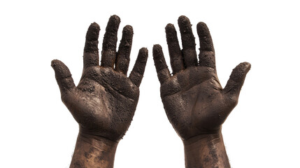 Close-up of a pair of dirty, rugged hands with palms facing up, covered in soil, grease, or grime.  png
