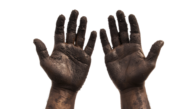 Close-up of a pair of dirty, rugged hands with palms facing up, covered in soil, grease, or grime.  png
