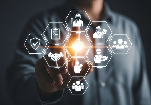 Person touching a digital interface displaying various industry and service icons