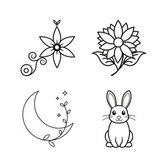 Outlined floral moon and rabbit in simple drawing on transparent background