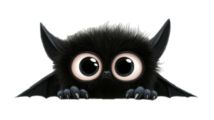 Cute cartoon bat with big eyes and fluffy black fur, isolated on white background.  png