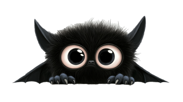 Cute cartoon bat with big eyes and fluffy black fur, isolated on white background.  png - Powered by Adobe