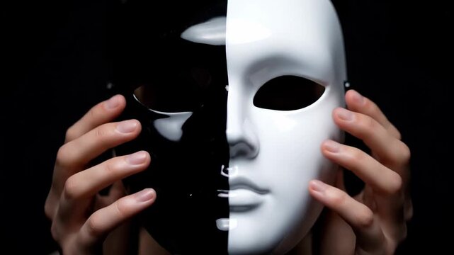 Human hands delicately cradling a theatrical mask split between black and white, symbolizing the concept of duality and the complexity of bipolar disorder, set against a mysterious dark backdrop
