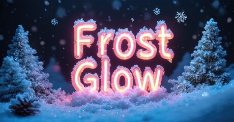 Winter scene features glowing text Frost Glow over snowy trees. Falling snowflakes enhance cold atmosphere. Bright colors dominate composition.