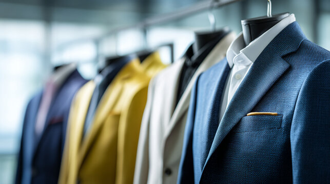 A row of suits hanging on a rack showing different colors and styles in a clothing store