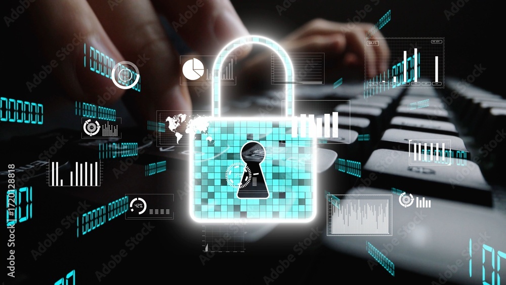 Poster a modern digital security illustration featuring a virtual padlock overlay on a computer keyboard, h
