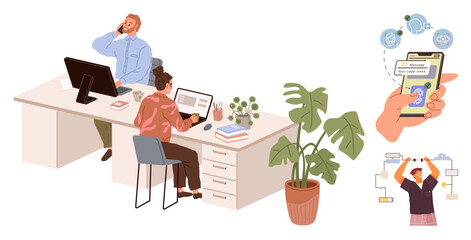 Two colleagues working at desks with laptops and papers, surrounded by indoor plant and visuals of smartphone app usage and process flow. Ideal for teamwork, collaboration, mobile technology