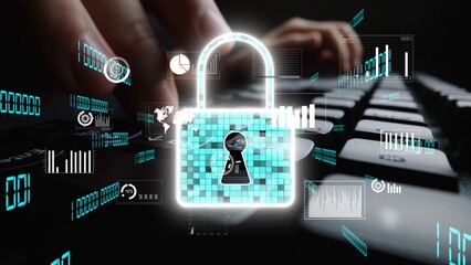 A modern digital security illustration featuring a virtual padlock overlay on a computer keyboard,...
