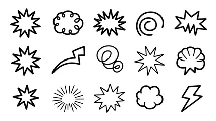 Hand Drawn Comic Elements Explosion Burst Cloud Lightning Bolt Designs for Graphic Resources and Creative Projects in Black and White