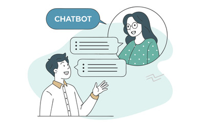 Flat vector illustration of man communicating with chatbot for online customer support and artificial intelligence conversation.