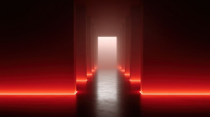 Obraz premium A dramatic and surreal corridor with a glowing red illumination leads to a bright opening, evoking mystery and anticipation.