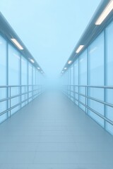 A futuristic, symmetrical walkway extends into a hazy, soft blue atmosphere, conveying a sense of minimalist design.